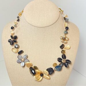 Abra Couture Handmade Natural Shell Beiges Gem Flower Collar GW Artisan Necklace